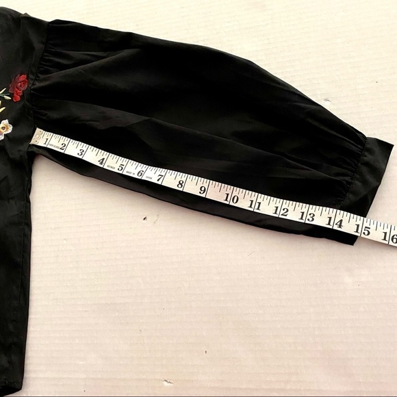 Haute Rouge Black Floral Blouse M/L Cropped Button-up Cotton Boho Embroidered - Picture 11 of 12